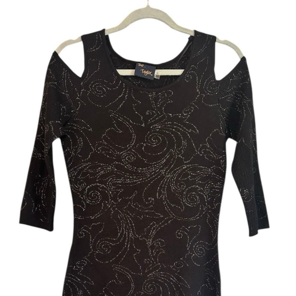 Just Taylor Black Silver Accents Cold Shoulder Black Midi Dress Sz M - Picture 5 of 8